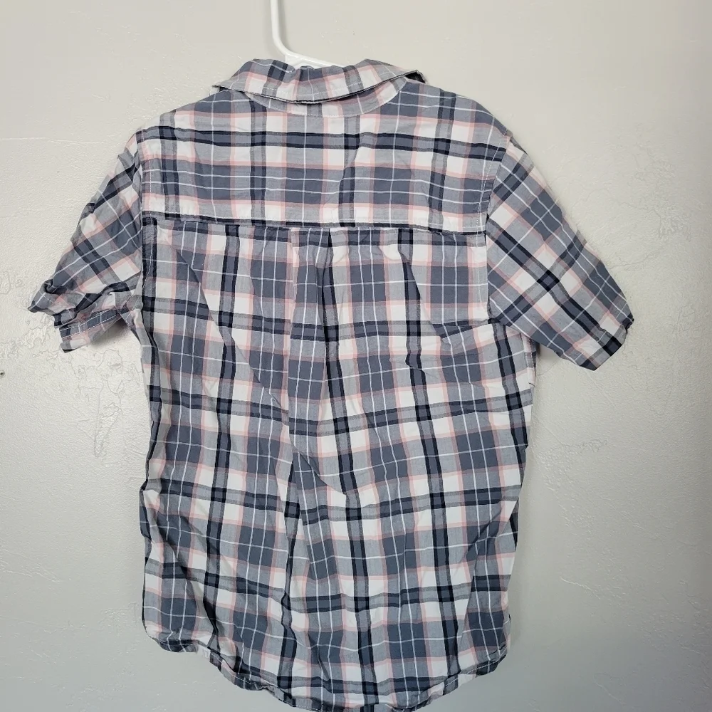 The Children's Place Grey Blue Plaid Short Sleeve Button Up Shirt Medium 7/8